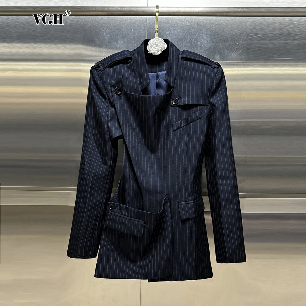 VGH Striped Patchwork Pockets Casual Blazers For Women Lapel Long Sleeve Patchwork Button Hollow Out Slimming Blazer Female New