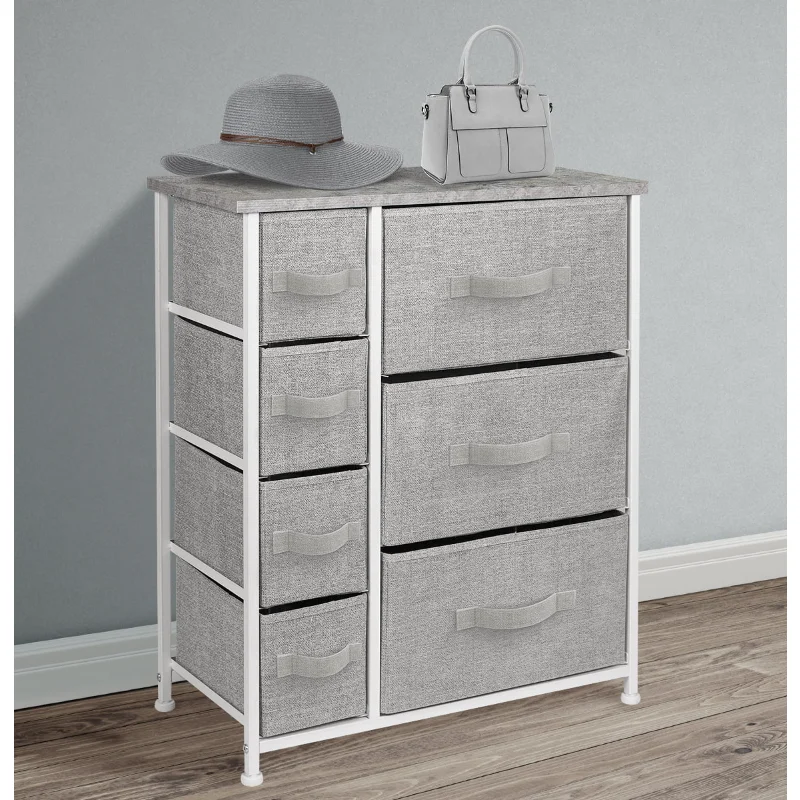 Dresser with 7 Drawers - Furniture Storage Tower Organization - Steel Frame, Wood Top, Easy Pull Fabric Bins (Grey)