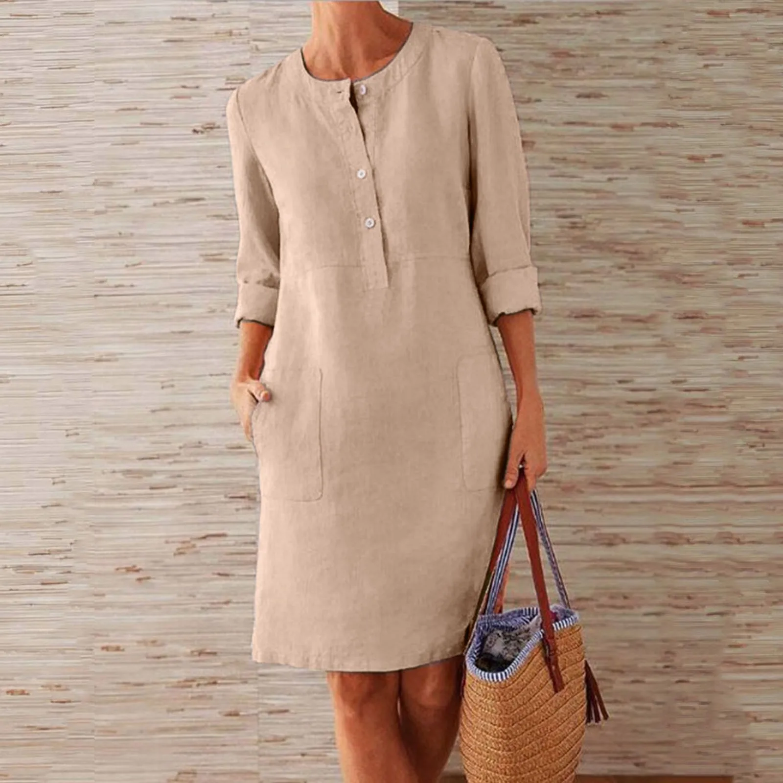 

Women Summer Solid Color Dress Round Boho Knee-Length Shirt Skirt Casual With Buttons Neck Women'S Loose Elegant Slim Fit Dress