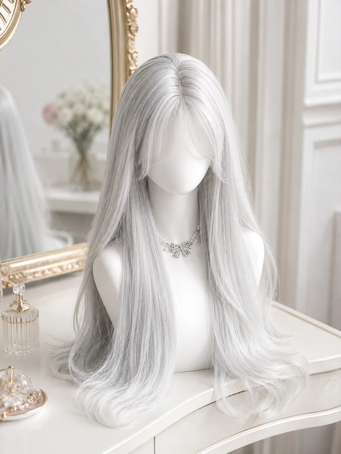 Silver-haired hot chick with lace front silver-white mid-length straight hair for a full-head wig with an atmospheric look