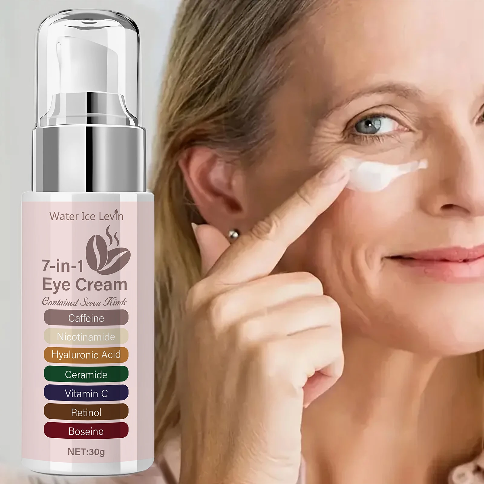 Crema para Ojos 7 en 1. Cafeína, Niacinamida, Ácido Hialurónico, Ceramida, Vitamina C, Retinol, Rosa Mosqueta. Resultados de Cambios Visibles. 30 g.