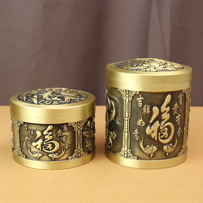 

Brass Exquisitely Carved Sealed Jar Office Study Creative Auspicious Ruyi Baifu Tea Canister Pure Copper Ornament