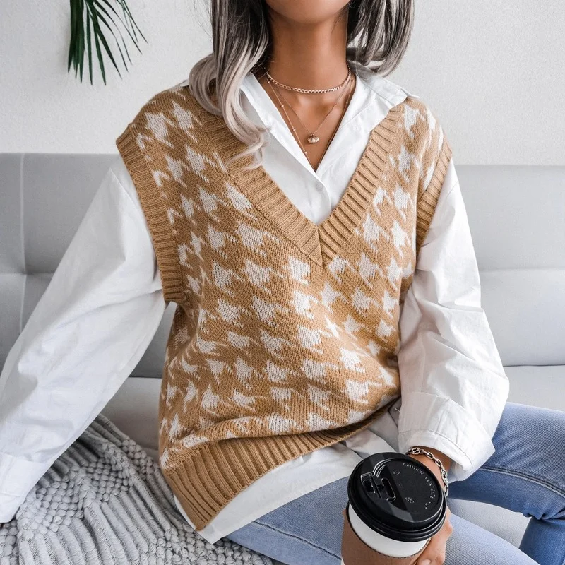 women\'s Houndstooth knit sweater vest autumn 2023 new loose V-neck sleeveless elegant fashion casual vest sweaters pullover