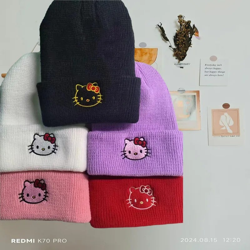 Cartoon Stitch & Sanrio Knitted Hat Cute Color Printed Winter Warm Beanies Cap Unisex Outdoor Embroidery Bonnet Christmas Gift