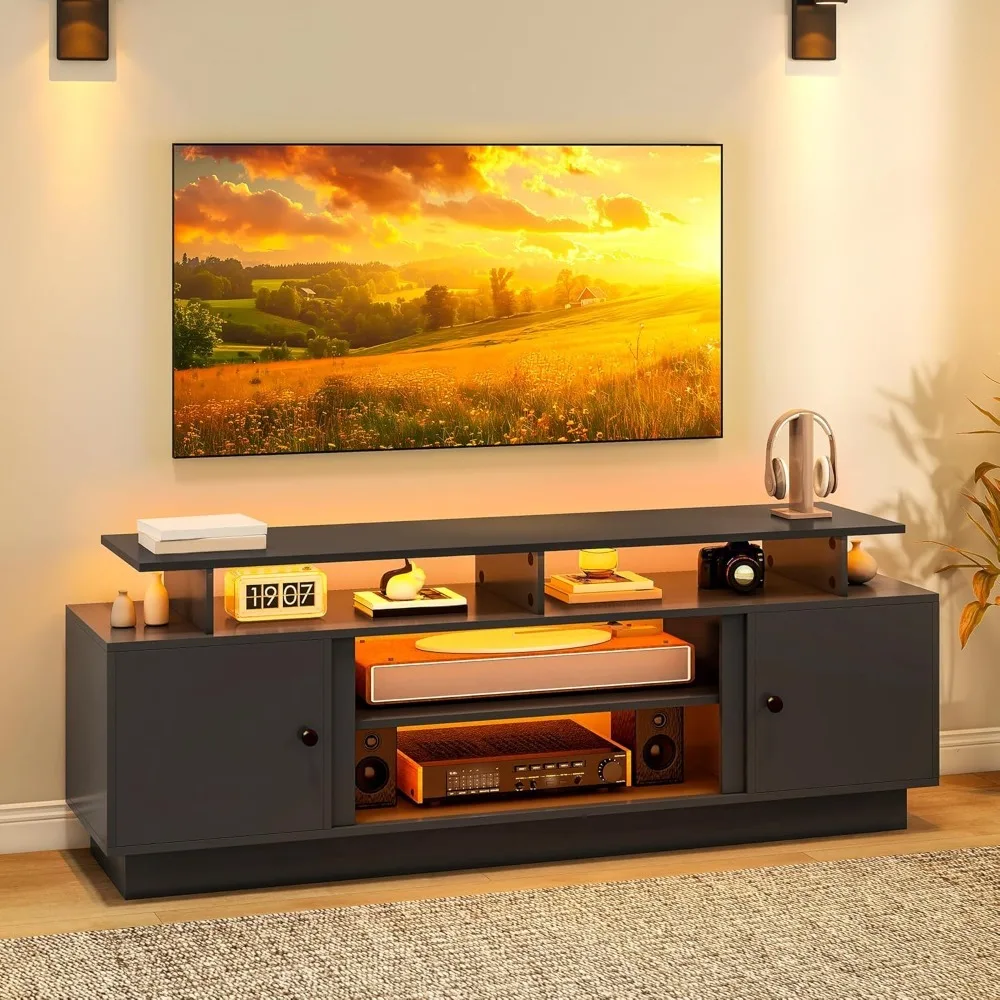

Modern TV Stand with LED Lights for up to 80 Inch TVs, Entertainment Center with Storage Cabinets & Movable Partition f