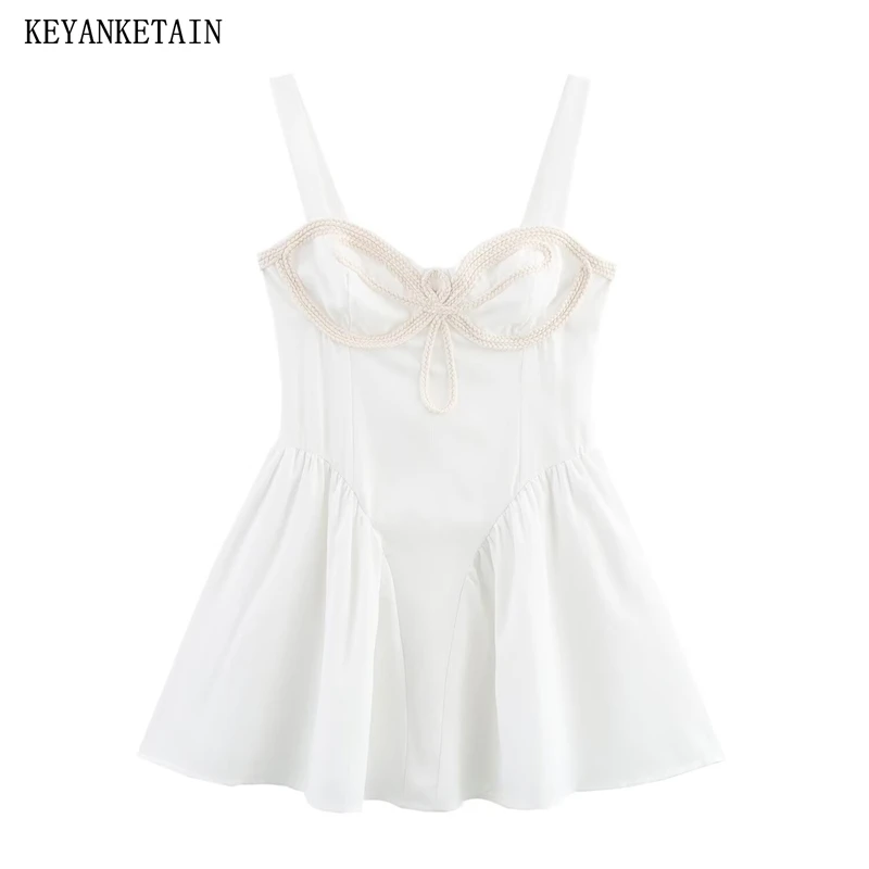 

KEYANKETIAN Summer New Women's Applique Knot decoration Slip Dress French Style Back Zipper High Waist Sleeveless Mini Dresses
