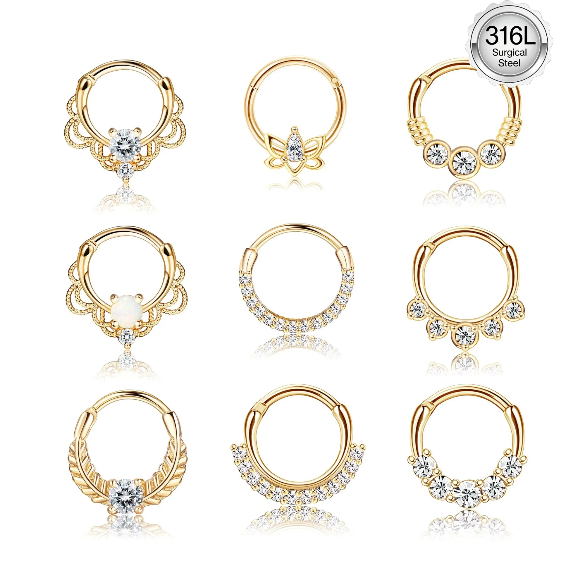 Drperfect 316L Stainless Steel Septum Rings Opal Daith Nose Rings CZ Cartilage Tragus Earrings Septum Clicker Piercing Jewerly
