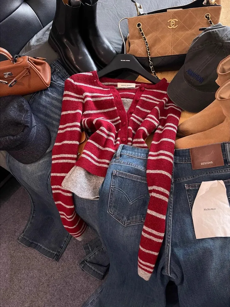 

Женский вязаный свитер в стиле ретро, искусственный двухсекционный полосатый утягивающий мягкий шерстяной свитер, длинный свеч V-Ne Thiened, новинка зимы...