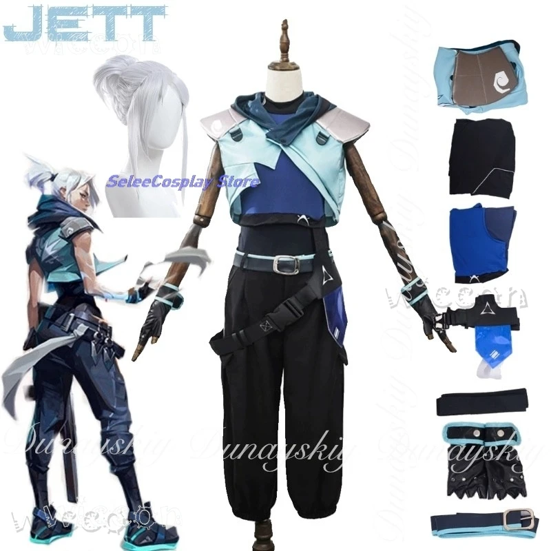 

Костюм на Хэллоуин VALORANT Game Jett Косплей Дуэль Персонажи с белым париком из хвоща с синим карнавальным нарядом для взрослых