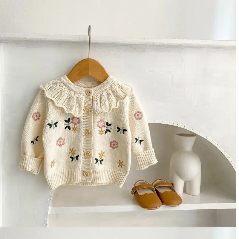 Children\'s Cute Knitted Sweater Baby Girl\'s Spring Autumn Flower Embroidery Lace Collar Single Breasted O-Neck Cardigan