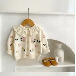 Children's Cute Knitted Sweater Baby Girl's Spring Autumn Flower Embroidery Lace Collar Single Breasted O-Neck Cardigan