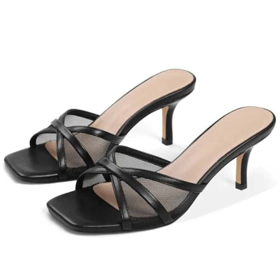 

Eteridrey Kitten Heels for Women, Mesh Short Heels, Comfortable Square Open Toe 3 Inch Heel, Slip-on Low Heeled Sandals, Mule C