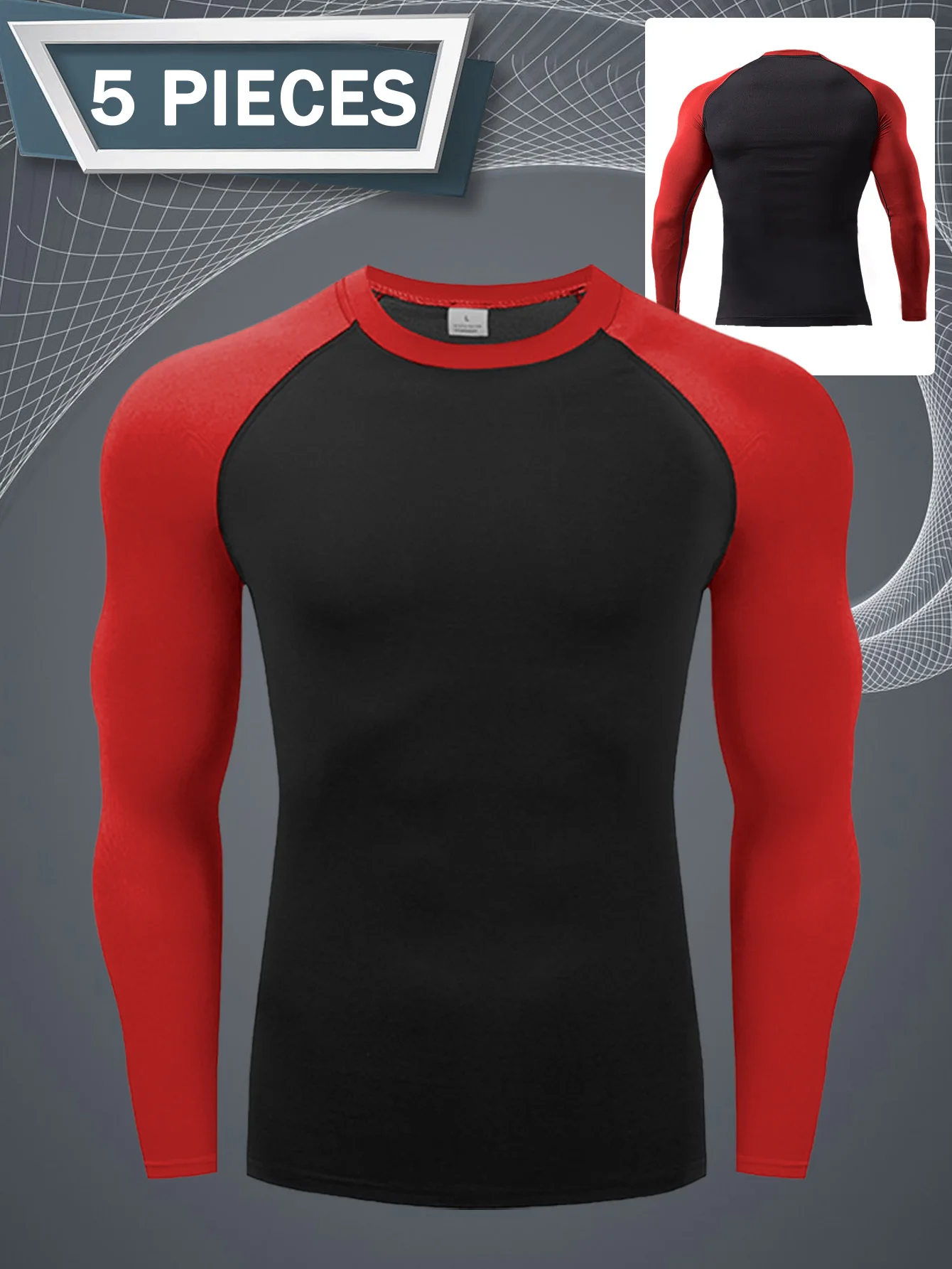 5 قطع من القمصان الرياضية للرجال، قميص مضغوط للتدريب على الجري، قميص لياقة بدنية وأكمام طويلة، سريع الجفاف وجيد التهوية #5