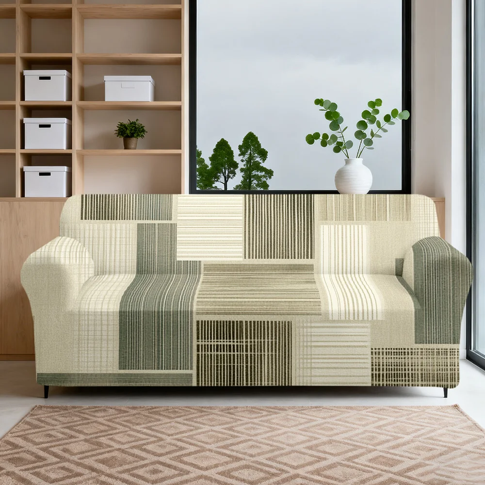 1pc Elegant Beige Green Geometric Patchwork Pattern Print Stretch Sofa Cover, Removable Washable Furniture Protector
