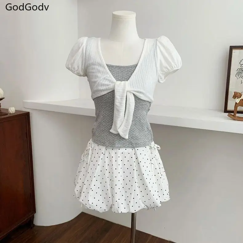 Korean Fashion Cute Black Polka Dot 2 Piece Set Puff Sleeve Bow Tie Short Sleeve Top Bubble Mini Skort Women Summer Daily Wear