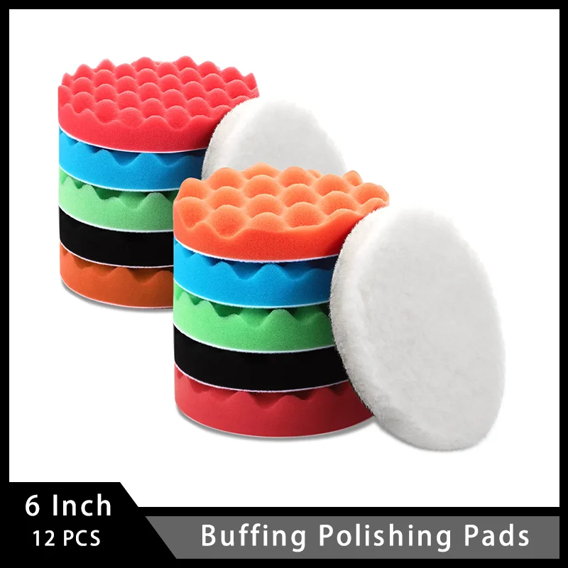6 Inch Buffing Polishing Pads 12 Pcs Compound Buffing Sponge Pads with Wool Polishing Pad for Car Buffer Compounding and Waxing