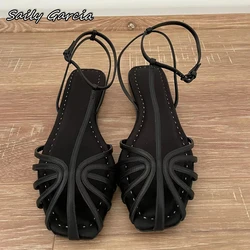 Retro Ankle Belt Buckle Strap Roman Style Sexy Sandals 2024 New Fashion All-Match Casual Flats Square Toe Women Breathable Shoes