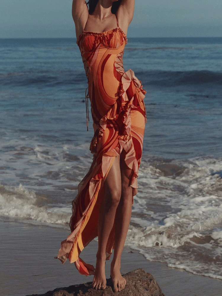 Vestido de fiesta bohe ajustado con estampado de patrón de moda para mujer, vestidos largos sexis con volantes y espalda descubierta, vestido elegante sin mangas con hombros descubiertos y tirantes