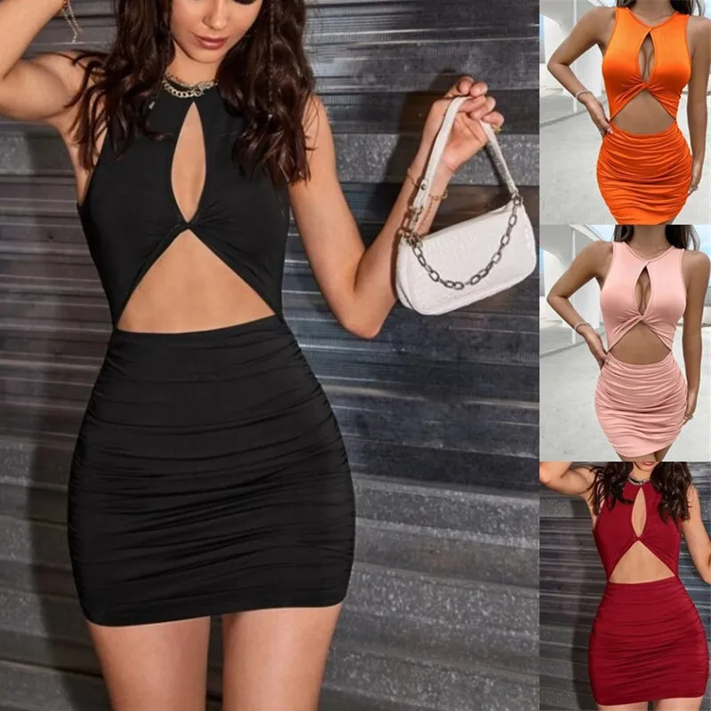 Women Solid color Twist Front Cut Out Ruched Bodycon Dress