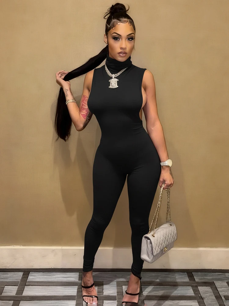 

Nibber Backless Jumpsuit Women Sleeveless Peach Hips Turtleneck Elasticity Sexy Midnight Hottie Wild Solid Summer Simple Outfits