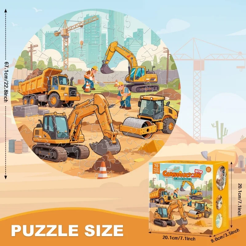 Bodenpuzzles für Kinder, 70-teiliges Baustellen-Puzzle mit Bagger, Bulldozer, Gabelstapler, Kipper, Lernspielzeug