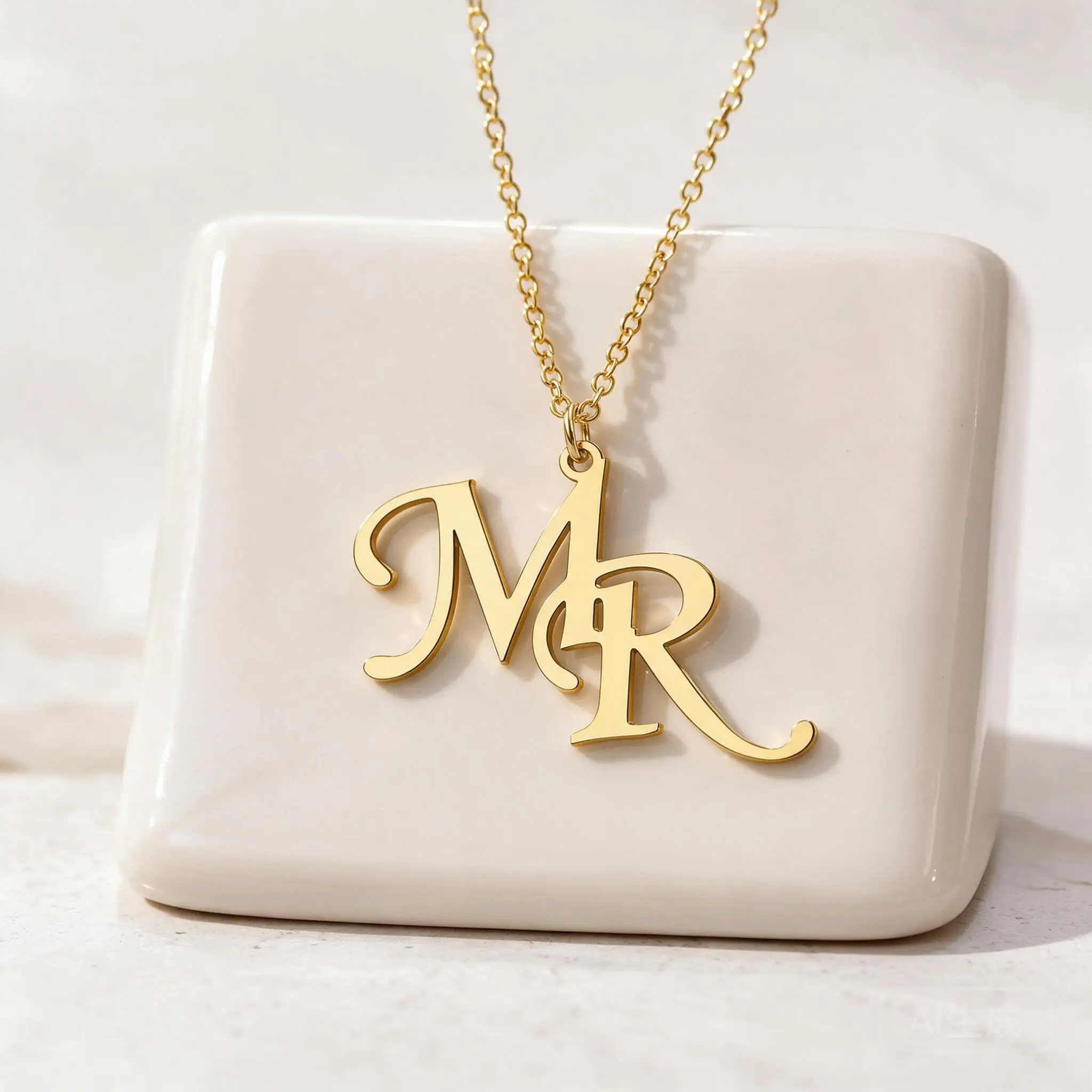 Luxury Plated Stainless Steel Fancy Script Double Initial Monogram Pendant Necklace Thin Chain Personalized Logo Gold Rose Gold