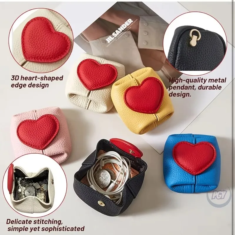 Heart-Shaped Genuine Leather Mini Storage Bag Snap Closure Mini Storage Pouch Portable Earphone Coin Purse Multi-color Small Bag