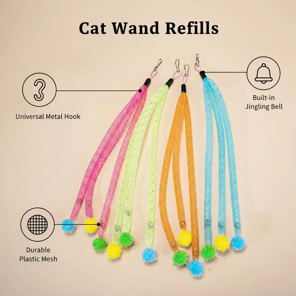 2pcs Random Colors,Cat Wand Refill with Bell & Pom Pom, Colorful Mesh Tube Interactive Cat Teaser Replacement, Durable Cat Toy