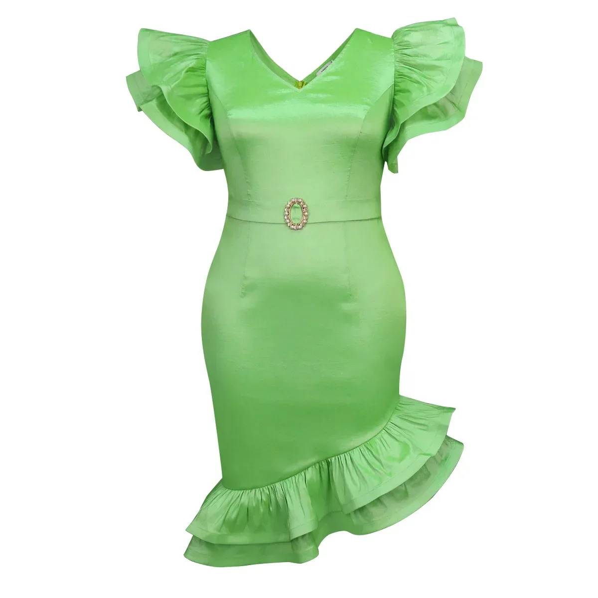 Women Elegant Green Shiny Satin Party Dress V Neck Short Ruffle Sleeve Package Hip Diamond Belt  Wedding Guest Prom Ball Gowns