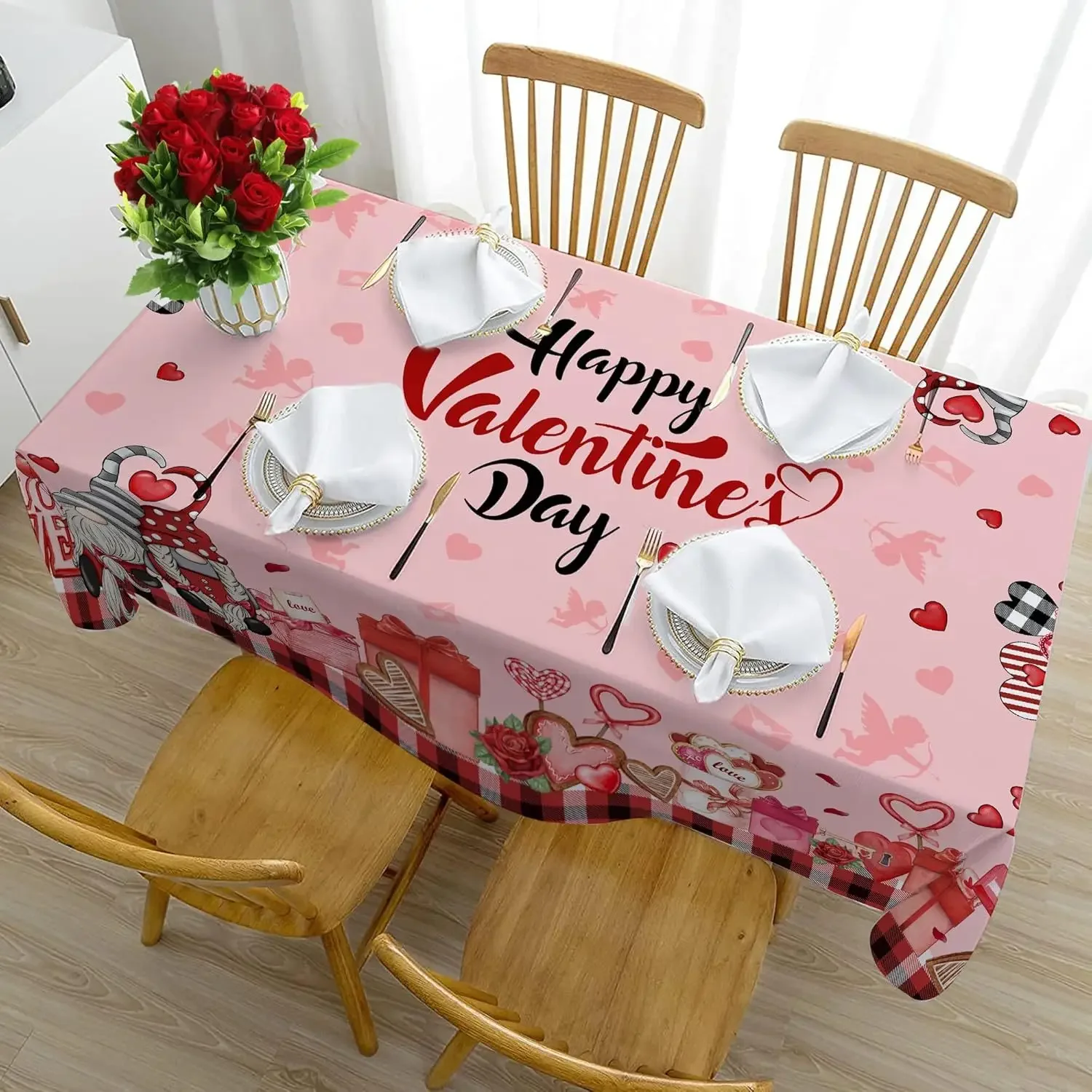 1Pc Romantic Valentine S Day Tablecloth Pink Love Truck And Roses Print Table Cover For Dining Room Kitchen Party Decoration Wat