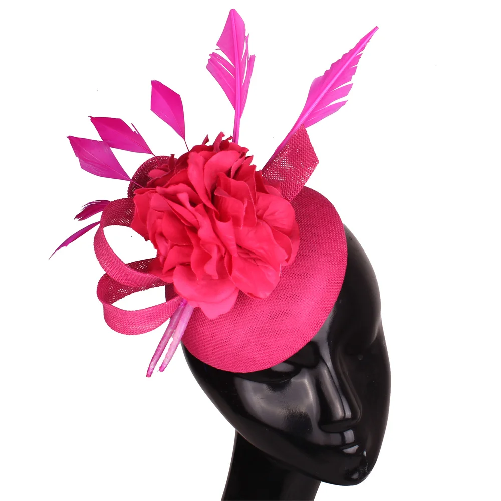 

Elegant Hot Pink Wedding Headwear Imitation Sinamay Women Fascinator Hat Feather Bride Hair Accessories Vintage Flower Headdress