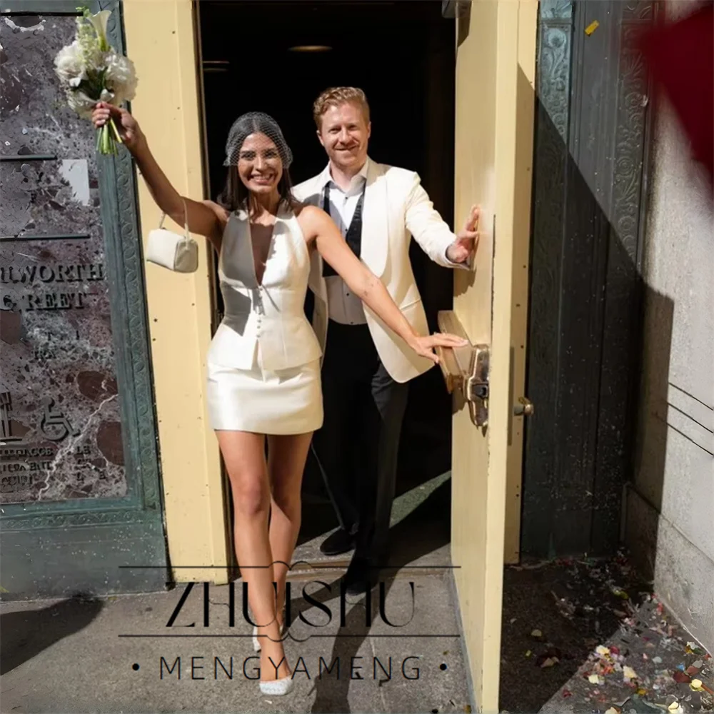 ZHUISHU Customized Beige V-Neck Halter Neck Wedding Dress Single Breasted Two-Piece Set Vestidos De Novia Short Evening Dresses