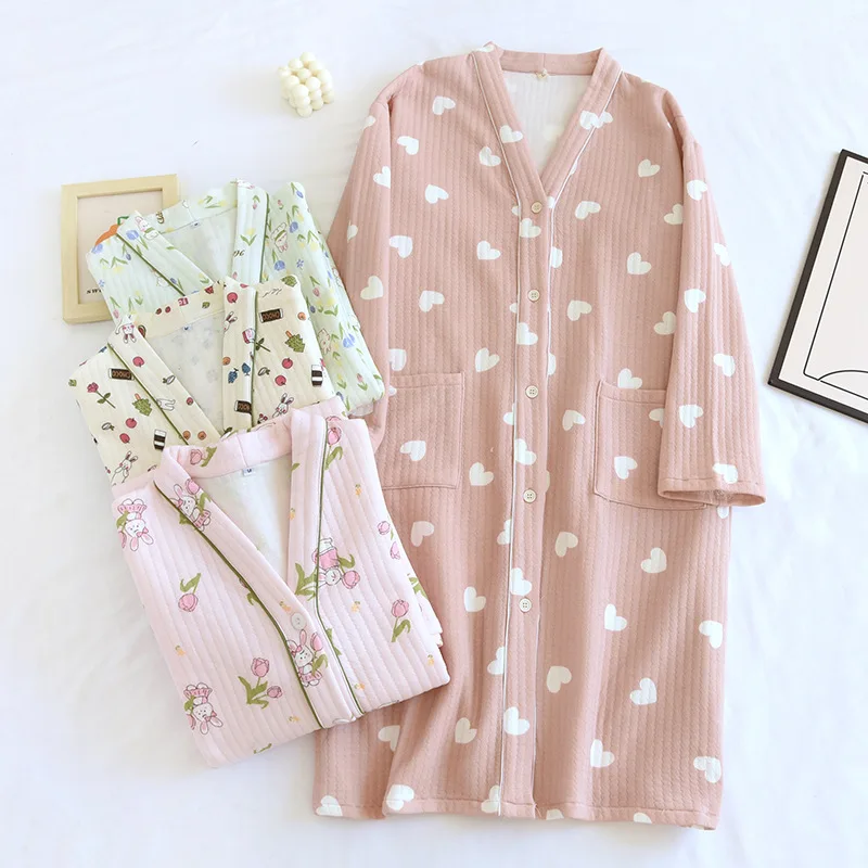 2024 Spring Autumn Women Japanese Kimono High Quality Sleep Robe 100% Air Cotton Ladies Sweet Nightgown V-neck Collar Home Robe