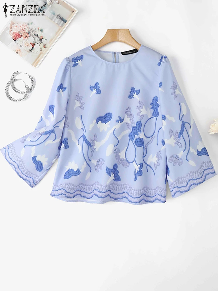 Zanzea 2025 verão blusa feminina manga bufante túnica topos moda o pescoço estampa floral casual solto blusas boêmias camisas de férias