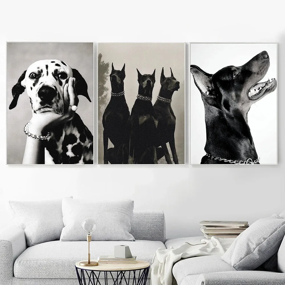 Fashion Black White Animal Dog Poster,Vintage Doberman Wall Art Print,Pinscher Dalmatians,Luxury Canvas Painting,Room Home Decor