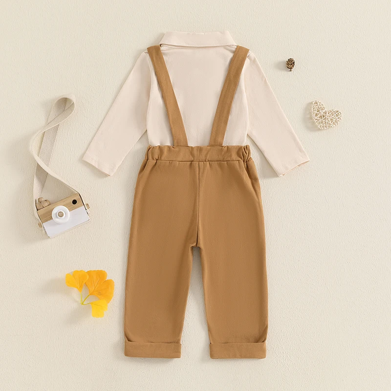 Baby Boys Fall Outfits Bowite Turn-Down Collar Long Sleeve Rompers Suspender Pants 2Pcs Clothes Set