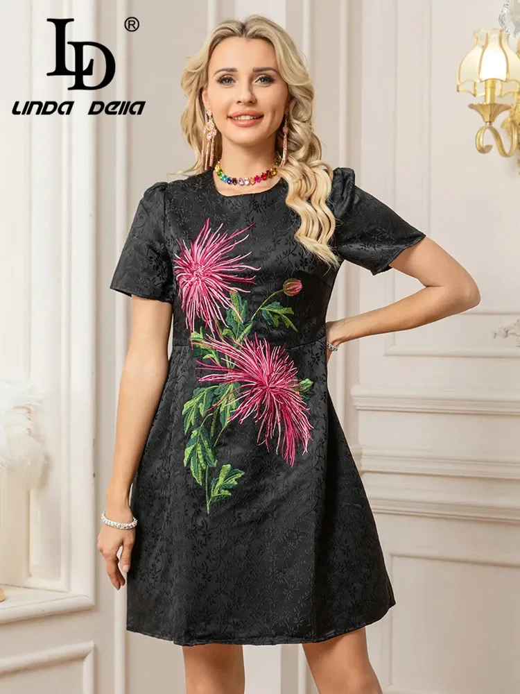 

LD LINDA DELLA 2025 Spring/Summer Fashion Design Round Neck Short Sleeve Retro Jacquard Embroidered Flower Mini Dress