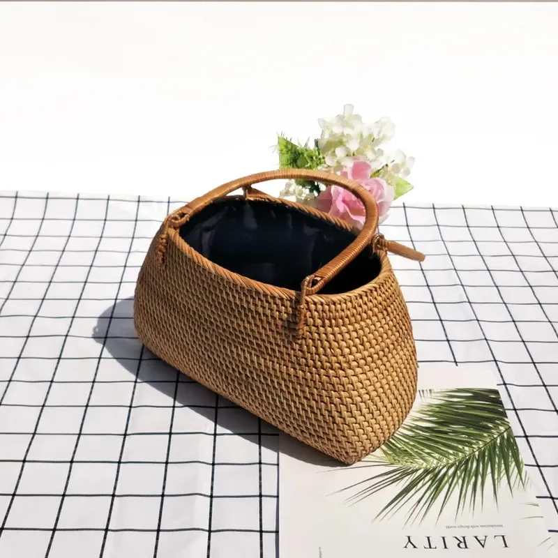 Handmade Rattan Tote Bag Women Retro Woven Straw Shoulder Bag Natural Bamboo Beach Purse Fashion Summer Holiday Travel