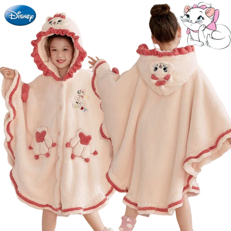 

Милый халат Disney Marie Cat с героями мультфильмов для девочек, кавайный халат из кораллового флиса с сердечком для девочек, теплая домашняя одежда с капюшоном, впитывающий и быстросохнущий халат