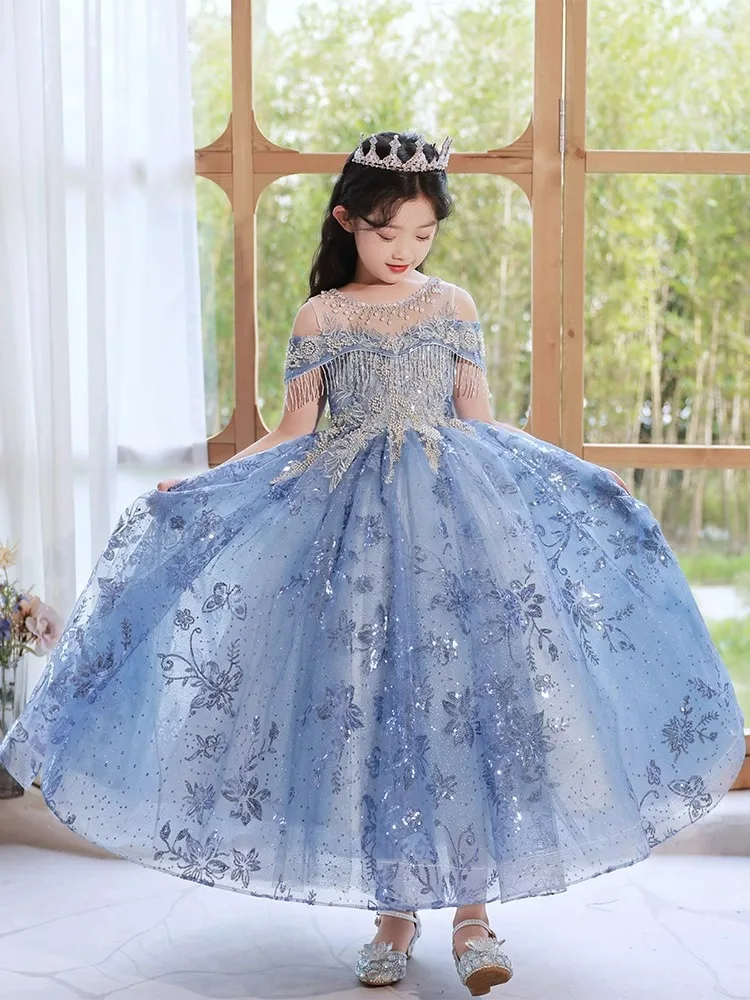 

Blue Princess Off The Shoulder Flower Girl Dress Floral Embroidery Sequin Decoration Tulle Puffy Skirt With Crown For Wedding Pa