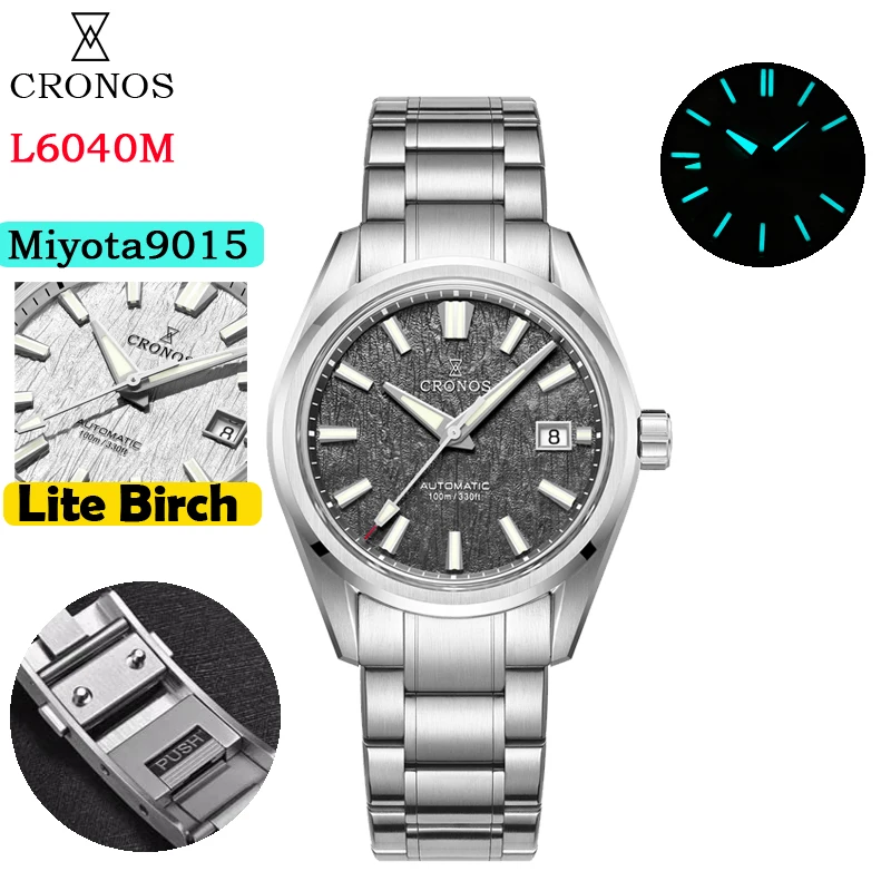 Cronos Herenhorloge 39mm Automatisch Miyota 9015 uurwerk Polshorloges Witte wijzerplaat Berkenpatroon Massieve schakels Saffier 10 ATM L6040M