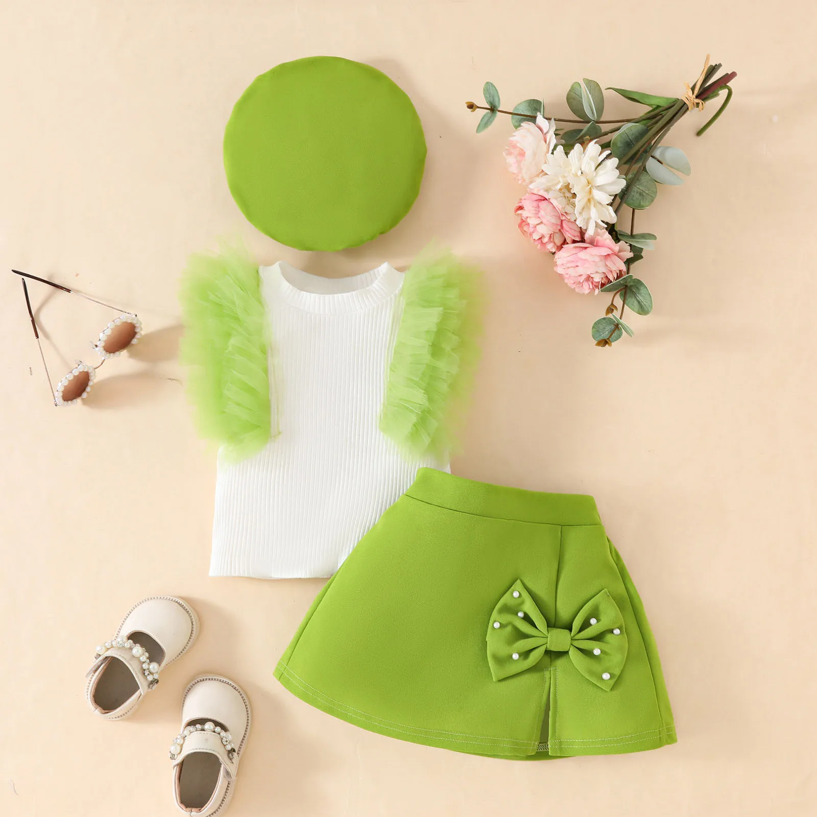 0-3Years-Old Baby Girls Clothes Set 2025 Summer Toddler Outfit Sleeveless Mesh Top+Bow Skirt+Beret 3Pcs Set Cute Infant Suits