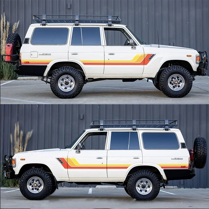 

Ретро трехцветная наклейка с закатом, боковая линия талии, полосатая линия, наклейка с индивидуальной графикой, затемняющая упаковка для Land Cruiser LC60 LC62