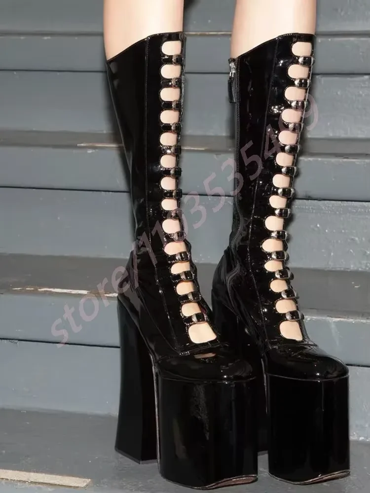 Summer Patent Leather Belt Buckle Sexy Boots 2025 Platform Party Zip Fashion Women Lolita Hollow Street Punk Thick High Heels