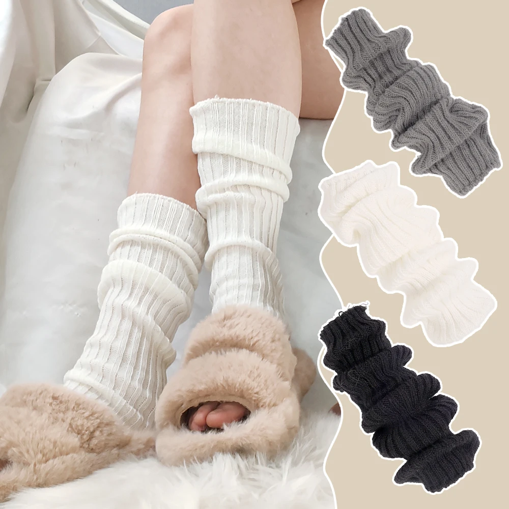 Japanese Lolita Y2k Solid Color Leg Warmers Women Hollowed Out Foot Heel Warm Knitted Knee High Socks Legging Gaiters Cover New