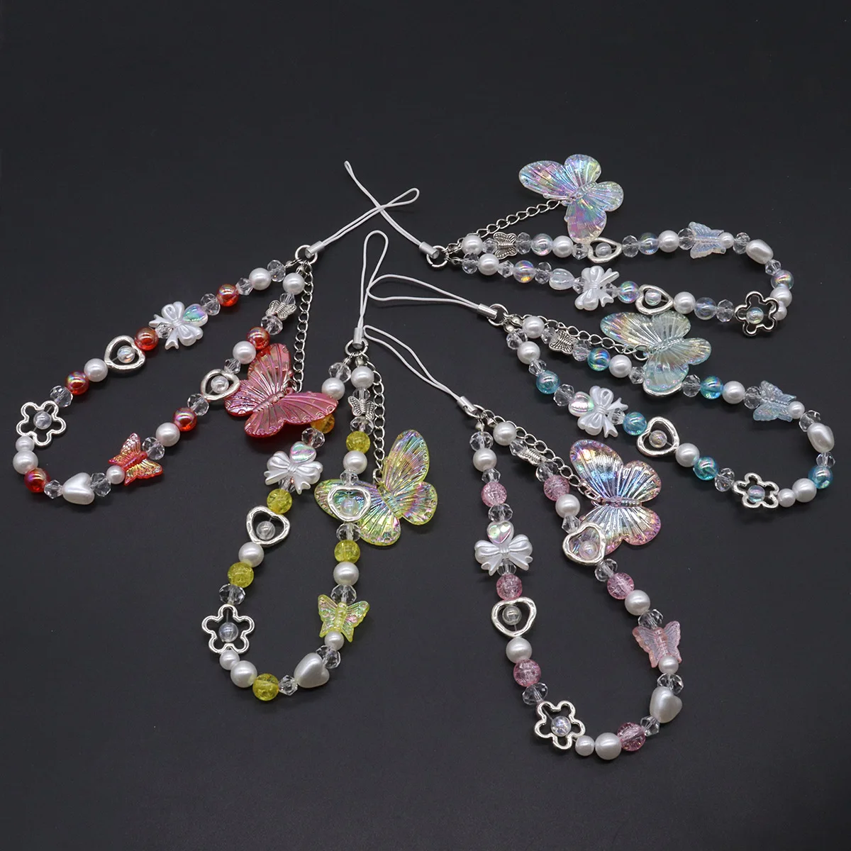 1Pc Y2K Butterfly Clear Bead Phone Strap Charm Chain Knot Cellphone Lanyard Keychain Bag Camera Bowknot Pendant For Airpods Cove