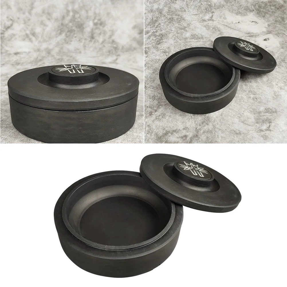 

Round Inkstone Black Traditional Calligraphy Accessory Outdoor Chinese with Cover