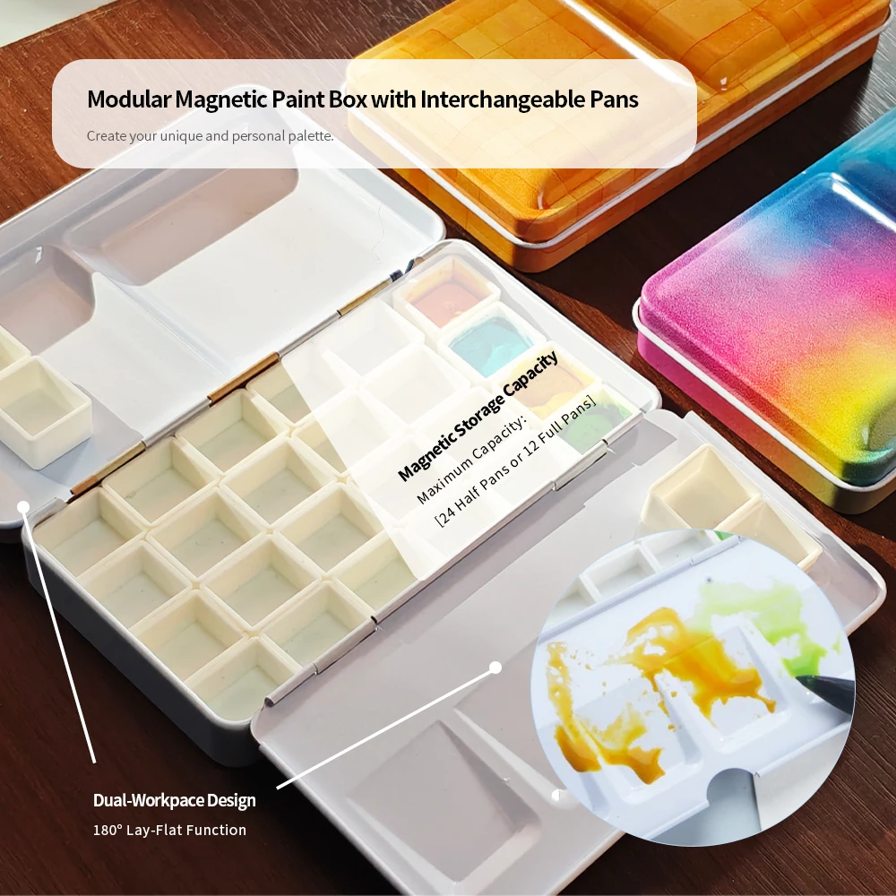 Seamiart 1 peça caixa de metal plana com meia frigideira magnética caixa de ferro dobrável clássica para subpacote de pintura aquarela materiais de arte