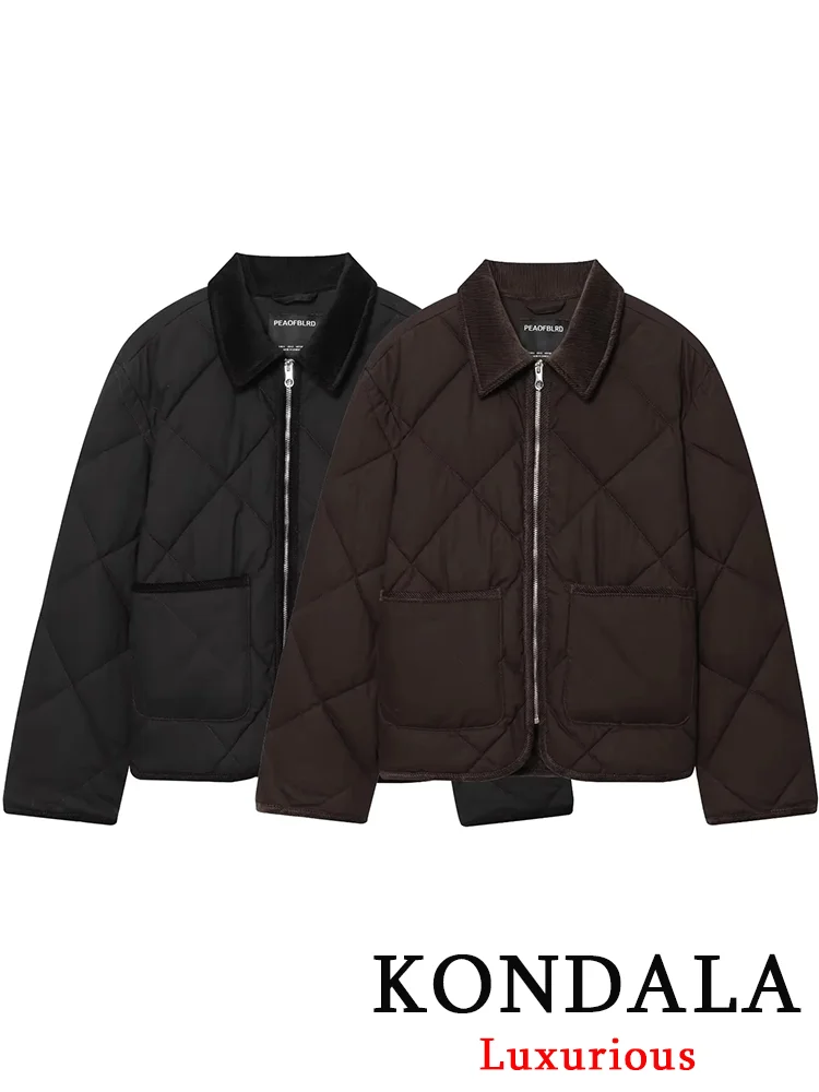 

KONDALA винтажные повседневные шикарные женские куртки, однотонные стеганые пальто с карманами на молнии и длинными рукавами, новая мода, осенняя верхняя одежда 2025 г.