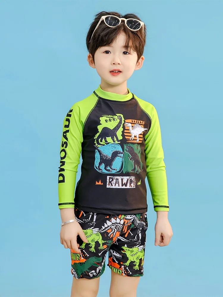

Boy Kids Swimsuit 2026 New Cartoon Dinosaur Long Sleeves Children Swimwear Summer Two Piece Shorts Beach Bathing Suit Swimming